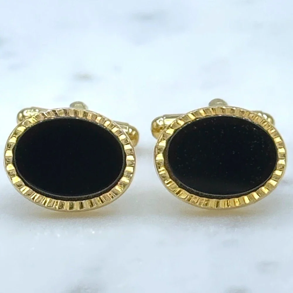 Vintage Oval Black Center & Gold Tone Bullet Back Elegant Formal Cufflinks
